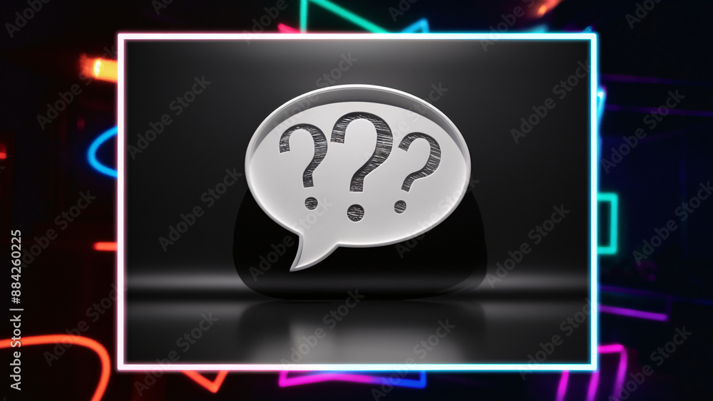 Poster speech bubble with multiple question marks on black background with neon frame: modern representatio
