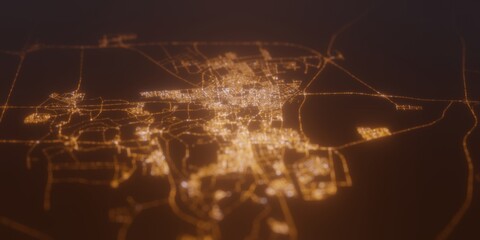 Street lights map of Hofuf (Saudi Arabia) with tilt-shift effect, view from north. Imitation of macro shot with blurred background. 3d render, selective focus