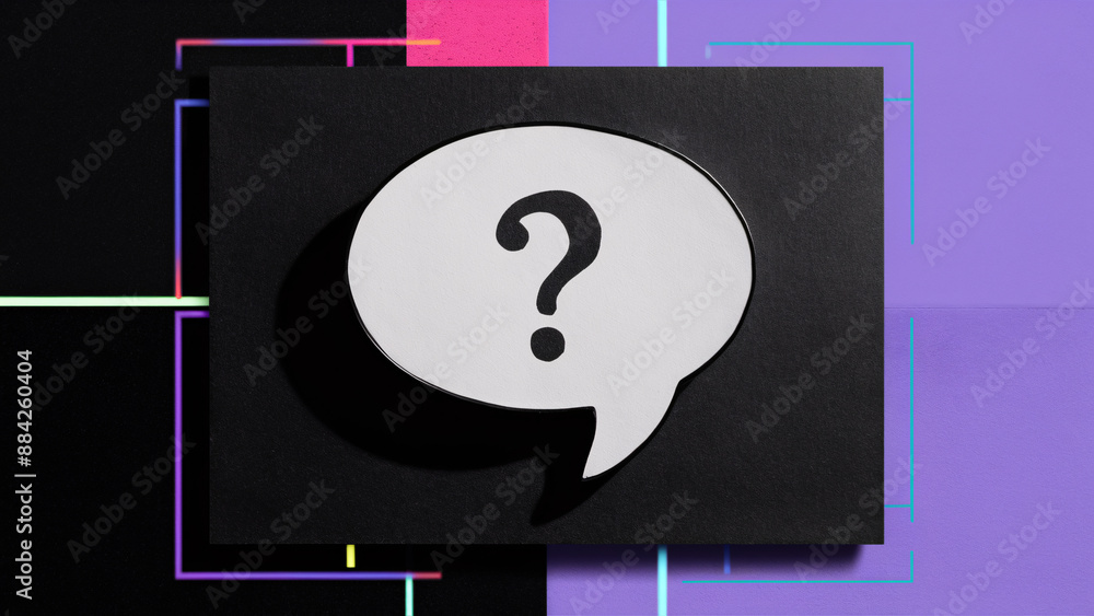 Poster speech bubble with question mark on black background with neon geometric elements: depicting busines
