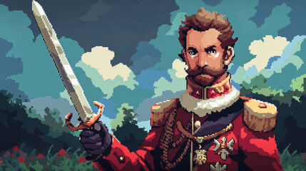 Fototapeta premium Pixel art style portrait of a regal man in red military attire, holding a sword, with a detailed and colorful background.