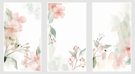 Set of three wedding invitation or greeting cards decorated with pink flowers. Beautiful floral design with empty white background space for text. 