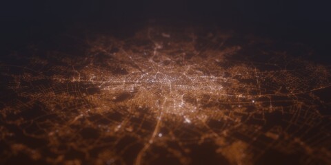 Street lights map of Bucharest (Romania) with tilt-shift effect, view from south. Imitation of macro shot with blurred background. 3d render, selective focus