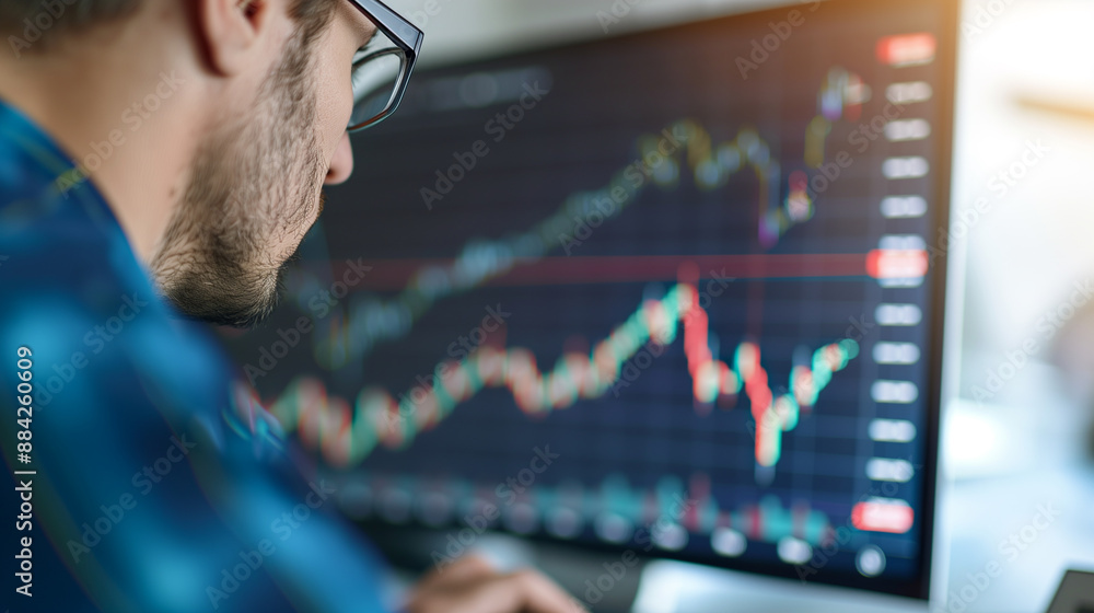 Poster man analyzing stock chart