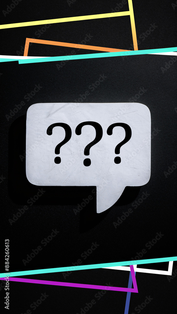 Poster speech bubble with multiple question marks on dark background with neon frame: emphasizing business 