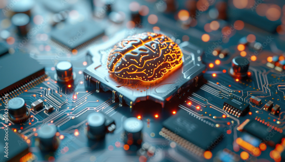 Poster a computer chip with a brain on top acts as the central processing unit on a motherboard