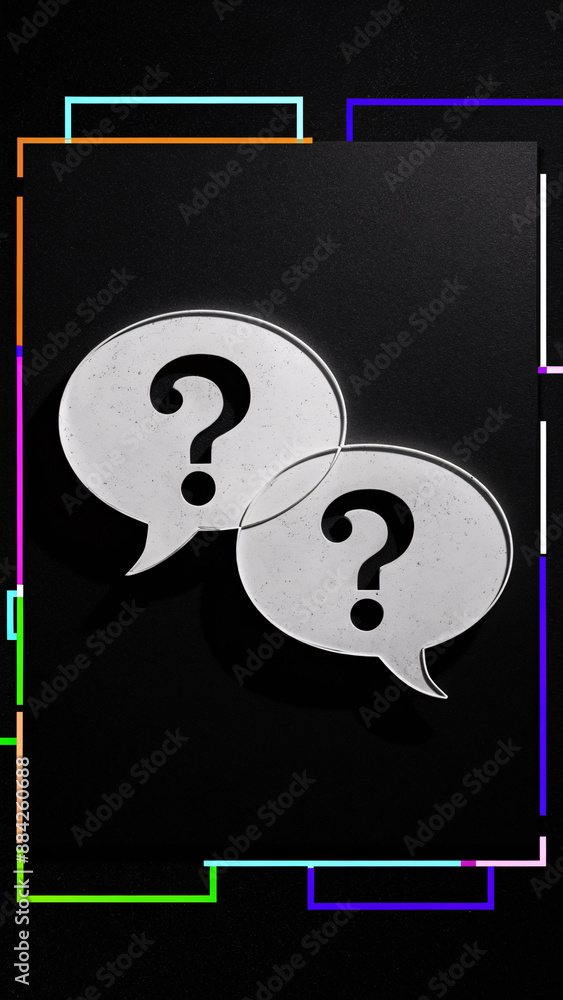 Aufkleber overlapping speech bubbles with question marks on black background and neon frame: highlighting busi