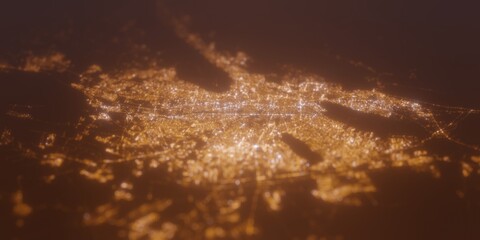 Street lights map of Monterrey (Mexico) with tilt-shift effect, view from north. Imitation of macro shot with blurred background. 3d render, selective focus