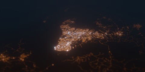 Street lights map of Belem (Brazil) with tilt-shift effect, view from south. Imitation of macro shot with blurred background. 3d render, selective focus