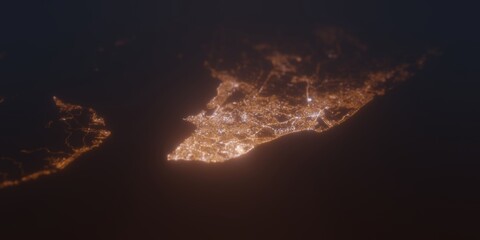 Street lights map of Salvador (Brazil) with tilt-shift effect, view from south. Imitation of macro shot with blurred background. 3d render, selective focus
