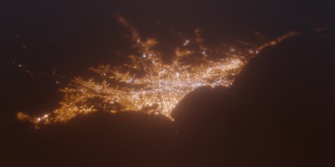 Street lights map of Lima (Peru) with tilt-shift effect, view from west. Imitation of macro shot with blurred background. 3d render, selective focus