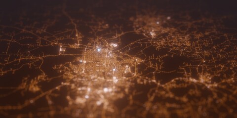 Street lights map of Montgomery (Alabama, USA) with tilt-shift effect, view from east. Imitation of macro shot with blurred background. 3d render, selective focus
