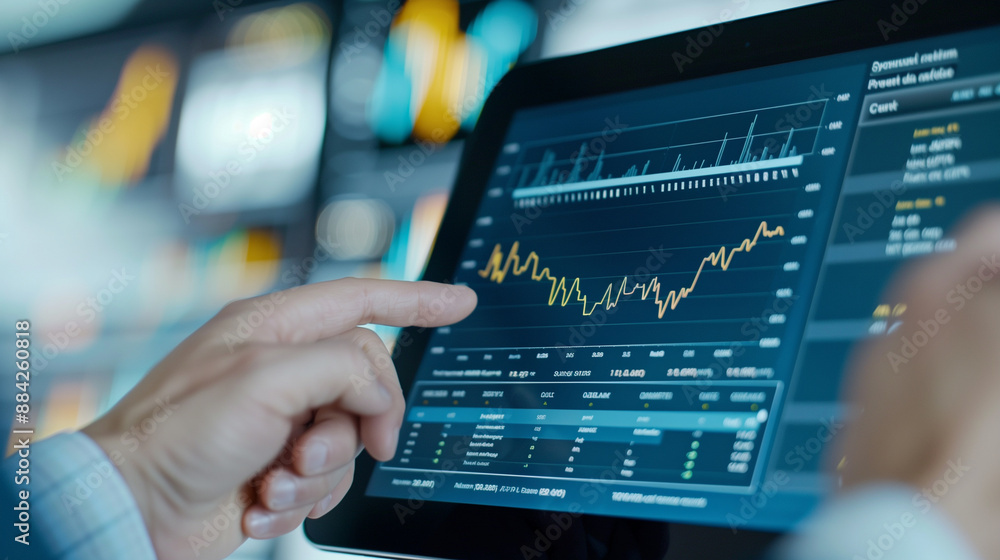Aufkleber person tracking a line graph on computer tablet