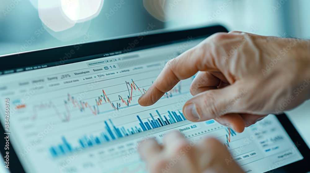 Poster person tracking a line graph on computer tablet
