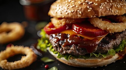 Delicious gourmet burger with onion rings, fresh lettuce, and melted cheese on a sesame seed bun, perfect for food enthusiasts.