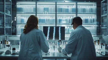 Obraz premium Scientists in a modern laboratory analyzing DNA sequences on a large screen, surrounded by advanced biotech equipment and test tubes