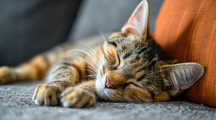 Tabby cat sleeping peacefully on a grey couch with an orange cushion, highlighting comfort and tranquility in a cozy home setting.