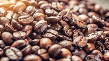 Obraz premium Close-up shot of roasted coffee beans in warm light, perfect for backgrounds, advertisements, or any coffee-related content.