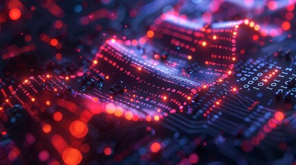 Obraz premium A close-up background of a DNA microarray chip, highlighting the intricate patterns and glowing elements, set against a dark, tech-themed backdrop