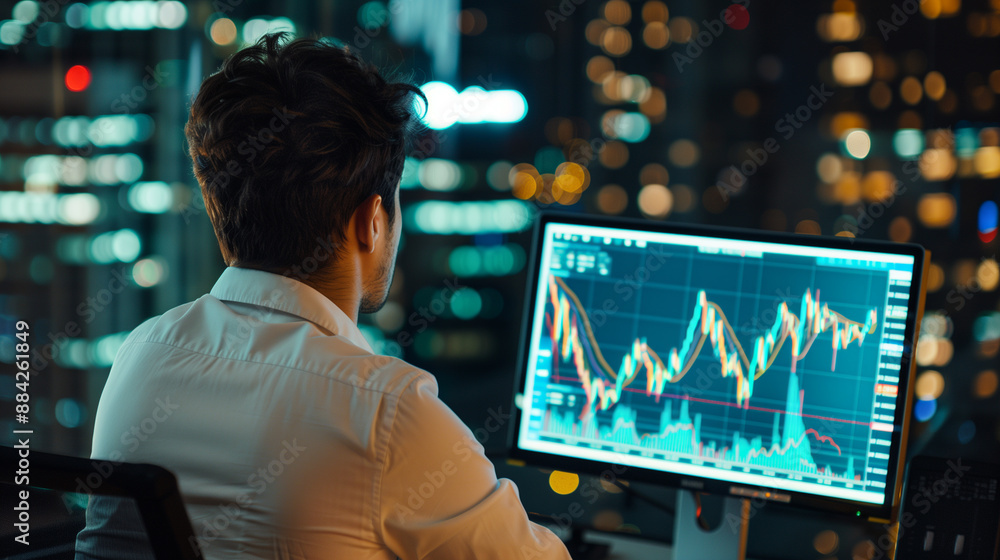 Poster stock trader looking at stocks and shares on computer in a high rise office