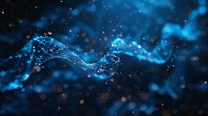 A high-resolution background of a biotechnological network, with strands of DNA, molecular structures, and flowing light effects in a deep blue hue