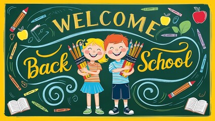 Obraz premium Welcome back to school lettering, cheerful boy and girl