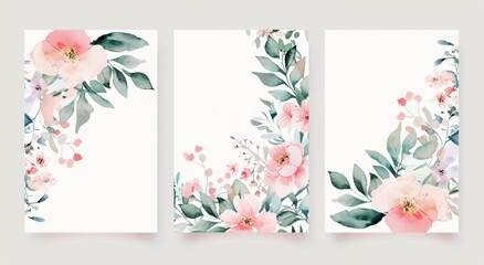 Wedding invitation card set template design with watercolor flowers and leaves.