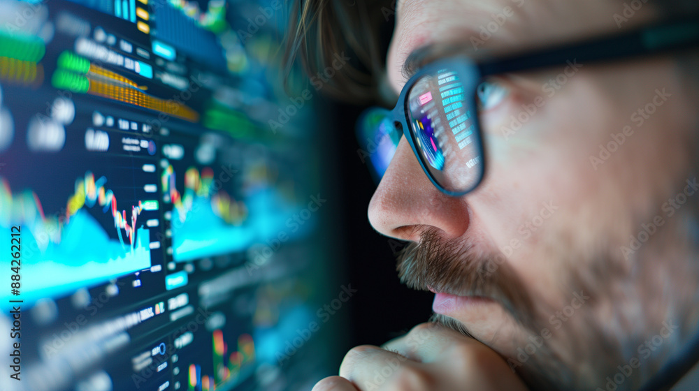 Poster thoughtful man analyzing data on computer screens