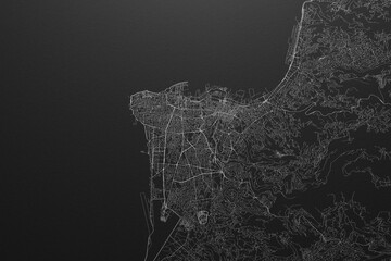 Street map of Beirut (Lebanon) on black paper with light coming from top