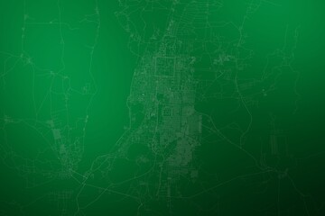 Map of the streets of Mandalai (Myanmar) made with white lines on abstract green background lit by two lights. Top view. 3d render, illustration