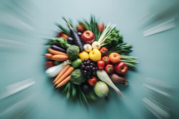 Obraz premium Vibrant assortment of fresh vegetables and fruits arranged in a circular pattern on a green background, creating a visually appealing burst of color.