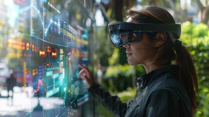 A person wearing AR glasses, navigating through an augmented reality interface while walking through a park, with digital elements blending into the natural scenery