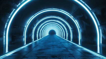 A captivating futuristic tunnel of bright neon lights and dark concrete creates a sense of infinite...