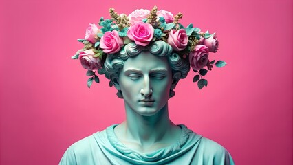 A classical statue bust with a vibrant flower crown against a bright pink background, symbolizing the blend of ancient and modern aesthetics.