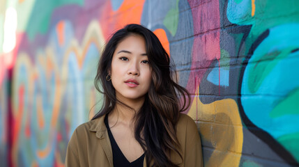 Fototapeta premium Portrait of an attractive and beautiful Asian lady, woman, or girl, posing in front of a colorful graffiti wall outside on the street building in the city. Black hair, casual outfit, black t-shirt.