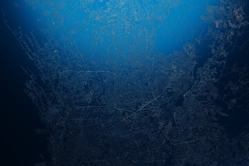 Street map of Quezon City (Philippines) engraved on blue metal background. View with light coming from top. 3d render, illustration