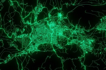 Map of the streets of Daegu (South Korea) made with green illumination and glow effect. Top view on roads network. 3d render, illustration