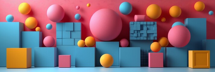 Bright pink blue yellow 3D geometric shape sphere colorful background horizontal