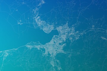 Map of the streets of Izmir (Turkey) made with white lines on greenish blue gradient background. 3d render, illustration