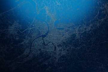 Street map of Taipei (Taiwan) engraved on blue metal background. View with light coming from top. 3d render, illustration