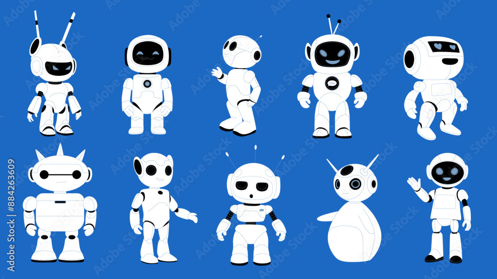 Aufkleber cute robots, futuristic chatbot characters set. group of different smart chat bots with antenna and 
