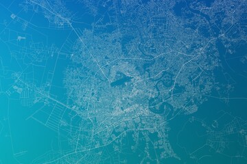 Map of the streets of Ho Chi Minh (Vietnam) made with white lines on greenish blue gradient background. 3d render, illustration