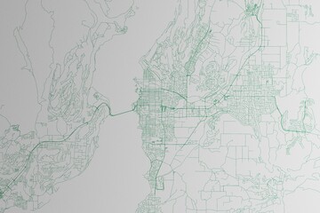 Map of the streets of Kelowna (Canada) made with green lines on white paper. 3d render, illustration