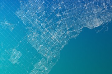 Map of the streets of Mississauga (Canada) made with white lines on greenish blue gradient background. 3d render, illustration