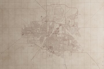 Obraz premium Map of Saskatoon (Canada) on an old vintage sheet of paper. Retro style grunge paper with light coming from right. 3d render