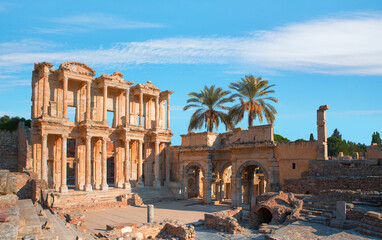Celsus Library in Ephesus at bright blue sky - Selcuk, Turkey 