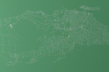 Stylized map of the streets of Nassau (Bahamas) made with white lines on green background. Top view. 3d render, illustration