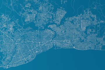 Map of the streets of Santo Domingo (Dominican Republic) made with white lines on blue background. 3d render, illustration © Hairem