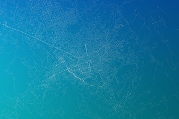 Map of the streets of Tirana (Albania) made with white lines on greenish blue gradient background. 3d render, illustration