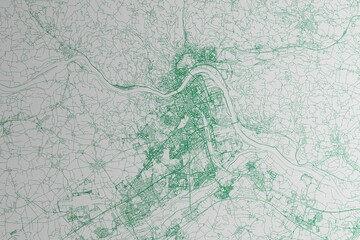 Map of the streets of Linz (Austria) made with green lines on white paper. 3d render, illustration