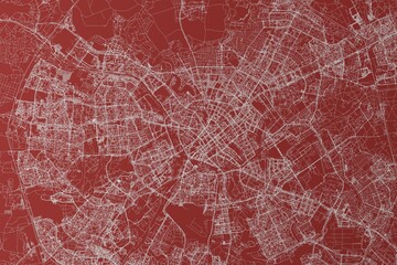 Map of the streets of Minsk (Belarus) made with white lines on red background. Top view. 3d render, illustration